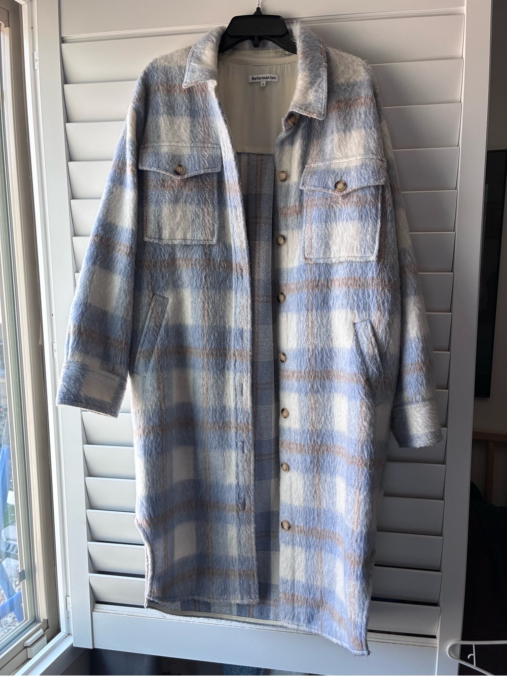 Reformation Ainslie Blue & Cream Plaid Long Shacket